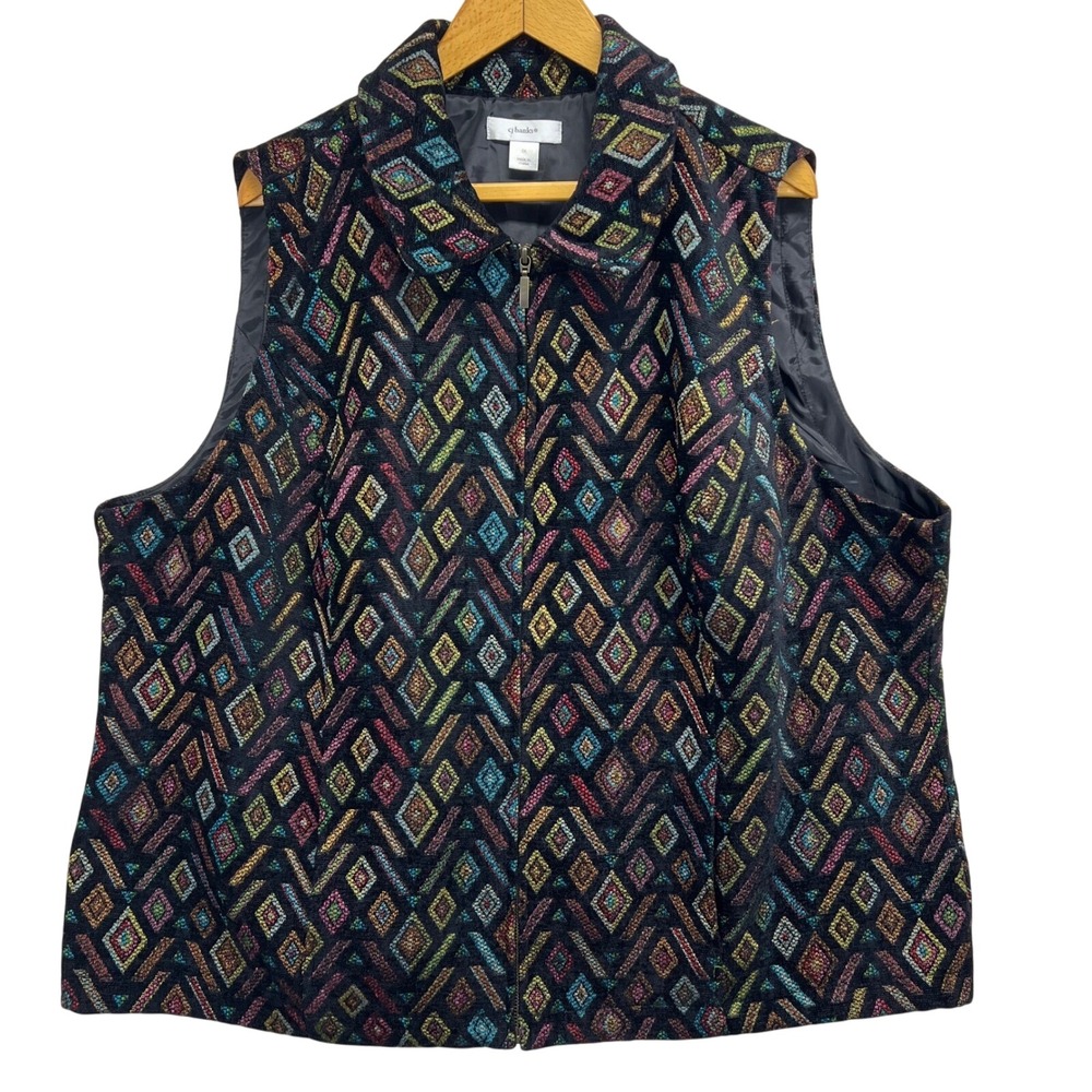 CJ Banks‎ 3X Colorful Diamond Pattern Sleeveless Tapestry Vest Full Zip